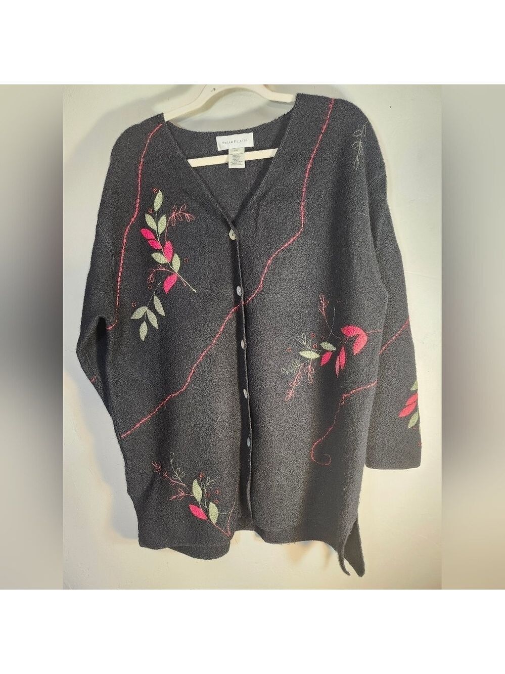 Susan Bristol Black Cardigan with Handsitched Embroidery 100% Wool Sz 2W